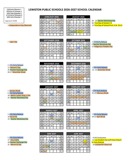 Lewiston Public Schools 2026–2027 Academic Calendar