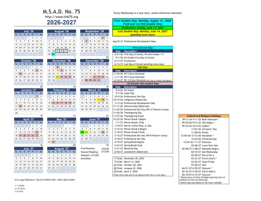 M.S.A.D. No. 75 2026–2027 Academic Calendar
