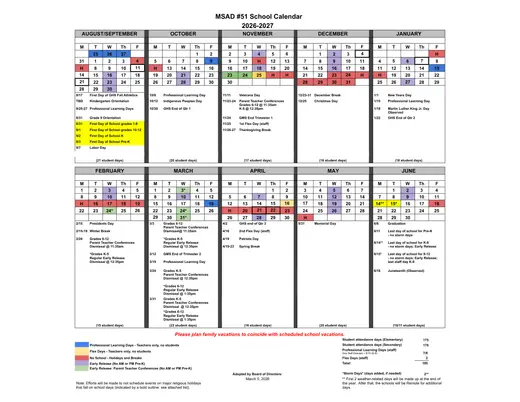 Msad #51 2026–2027 Academic Calendar Page 1
