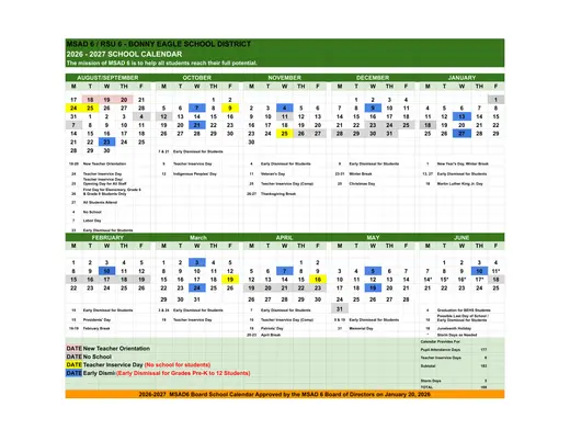 MSAD 6 RSU 6 - Bonny Eagle School District 2026–2027 Academic Calendar