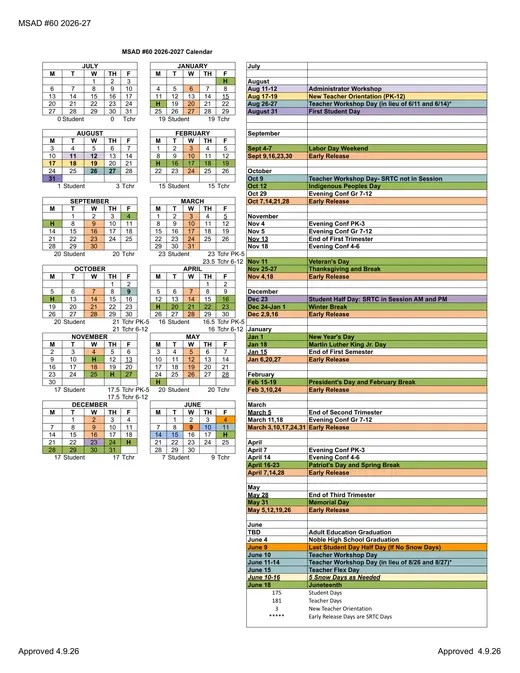 Msad #60 2026–2027 Academic Calendar