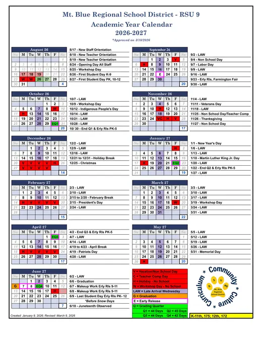 Mt. Blue Regional School District - RSU 9 2026–2027 Academic Calendar