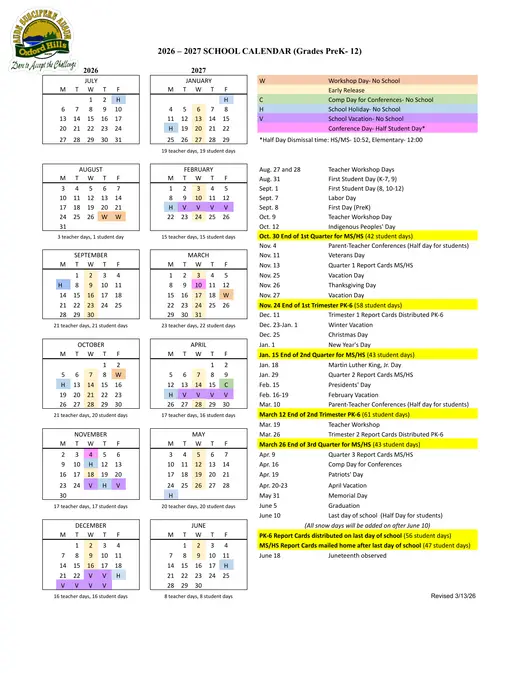 Oxford Hills 2026–2027 Academic Calendar