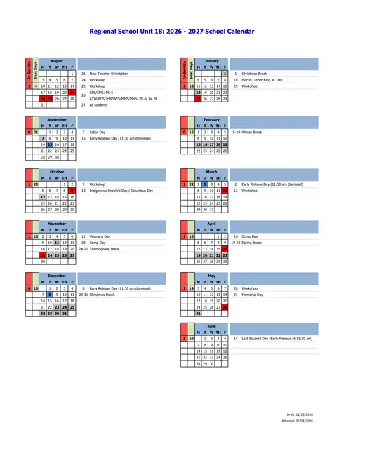 Regional School Unit 18 2026–2027 Academic Calendar