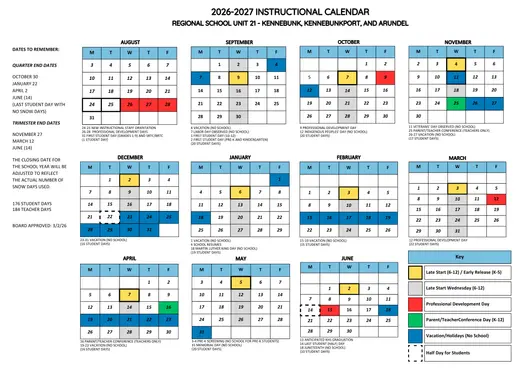Regional School Unit 21 - Kennebunk, Kennebunkport, and Arundel 2026–2027 Academic Calendar Page 1