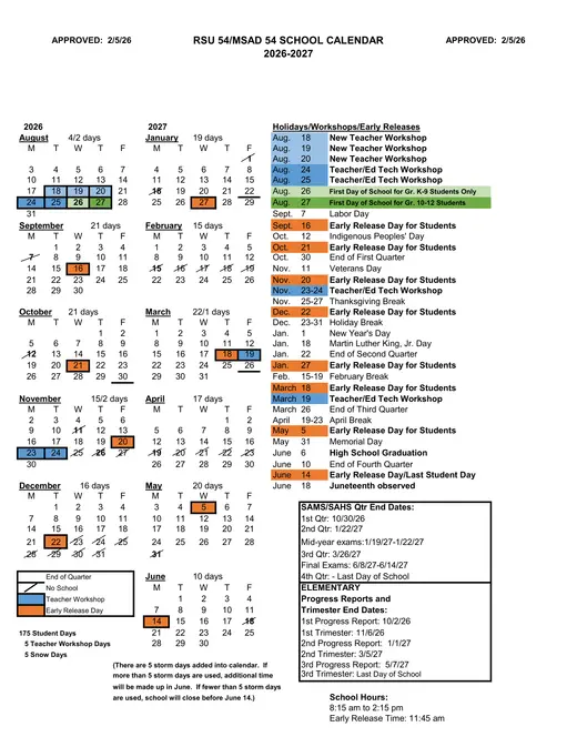 Rsu 54MSAD 54 2026–2027 Academic Calendar