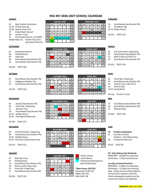 Rsu #57 2026–2027 Academic Calendar