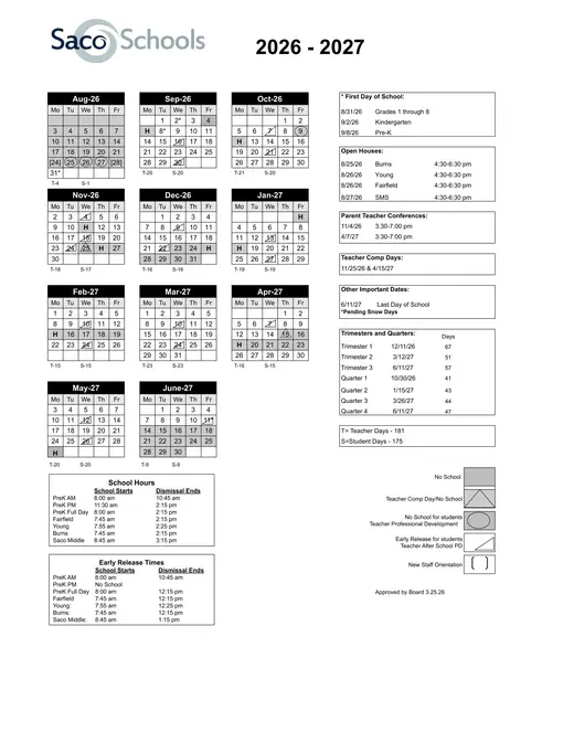 Saco Schools 2026–2027 Academic Calendar