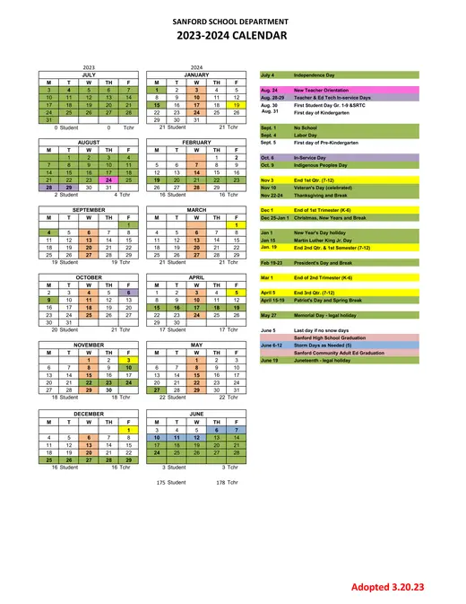 Sanford School Department 2023–2024 Academic Calendar