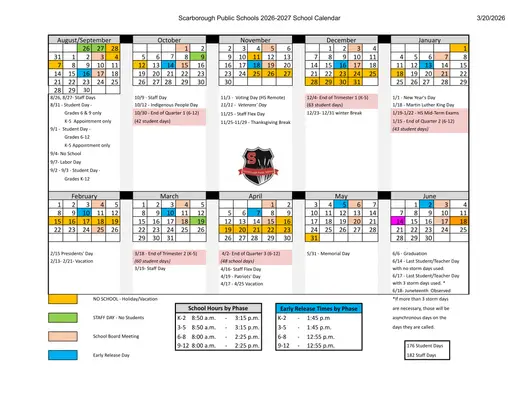 Scarborough Public Schools 2026–2027 Academic Calendar