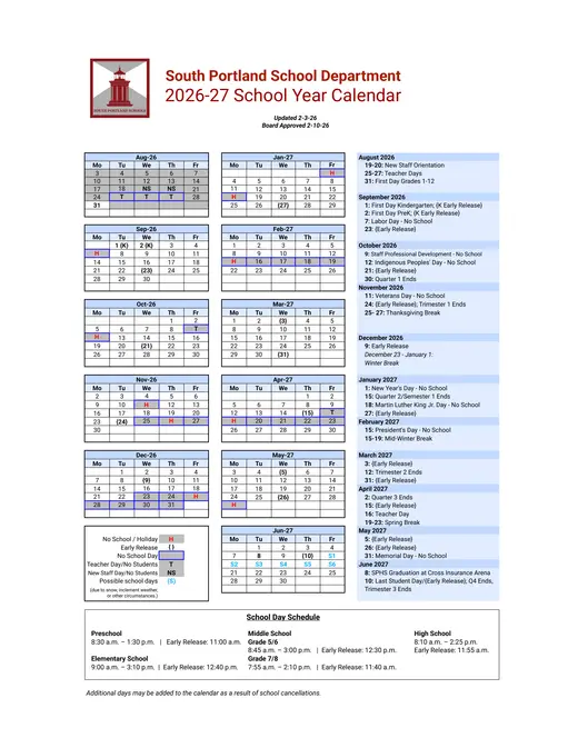 South Portland School Department 2026–2027 Academic Calendar