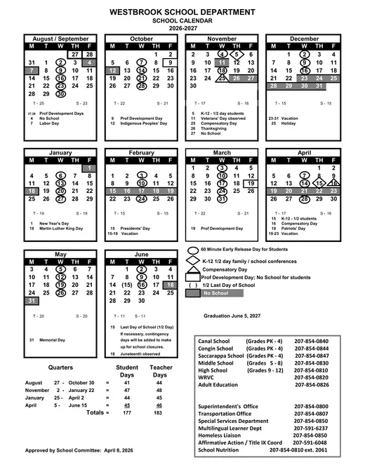 Westbrook School Department 2026–2027 Academic Calendar
