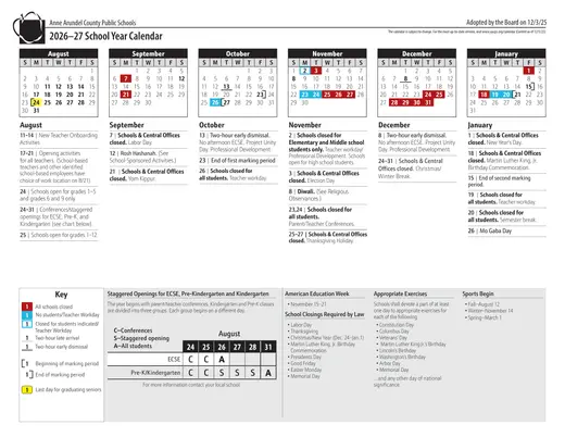 Anne Arundel County Public Schools 2026–2027 Academic Calendar Page 1