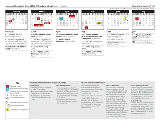 Anne Arundel County Public Schools 2026–2027 Academic Calendar Page 2