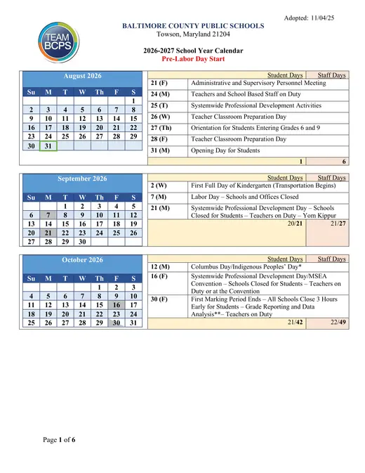 Baltimore County Public Schools 2026–2027 Academic Calendar Page 1
