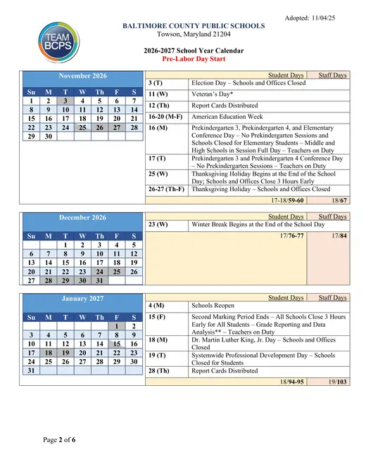 Baltimore County Public Schools 2026–2027 Academic Calendar Page 2