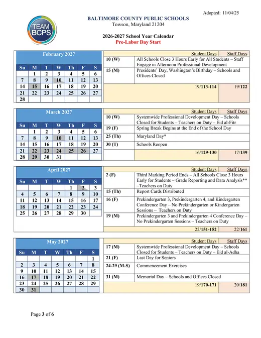Baltimore County Public Schools 2026–2027 Academic Calendar Page 3