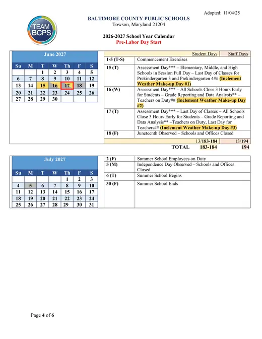 Baltimore County Public Schools 2026–2027 Academic Calendar Page 4