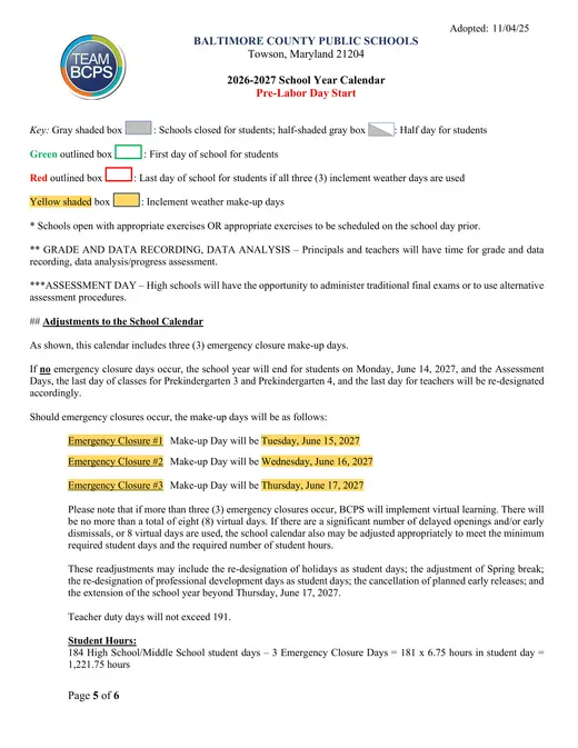 Baltimore County Public Schools 2026–2027 Academic Calendar Page 5