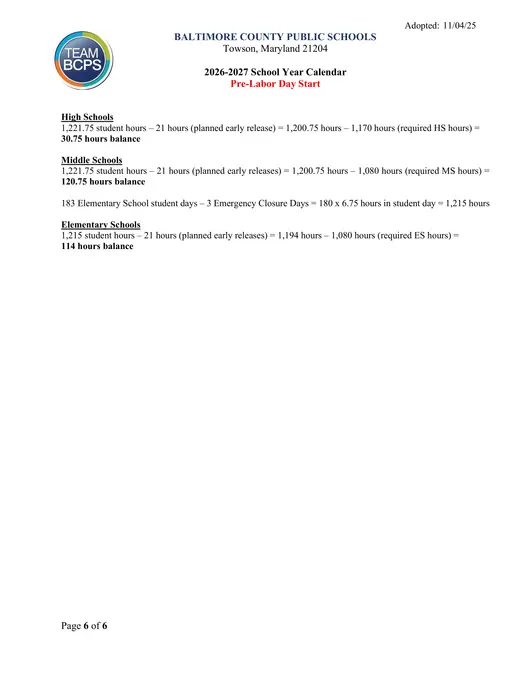 Baltimore County Public Schools 2026–2027 Academic Calendar Page 6
