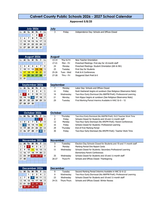 Calvert County Public Schools 2026–2027 Academic Calendar Page 1