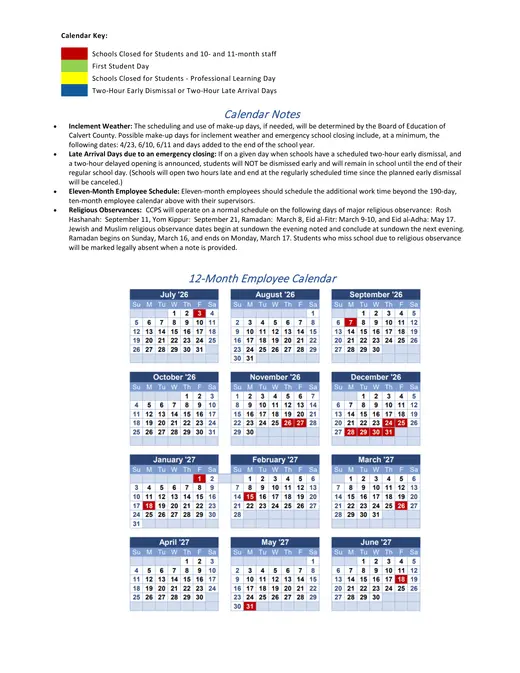 Calvert County Public Schools 2026–2027 Academic Calendar Page 3