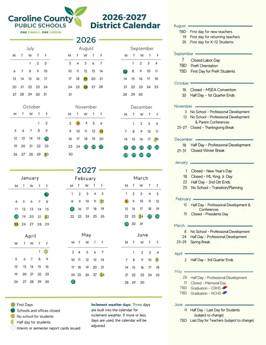 Caroline County Public Schools 2026–2027 Academic Calendar