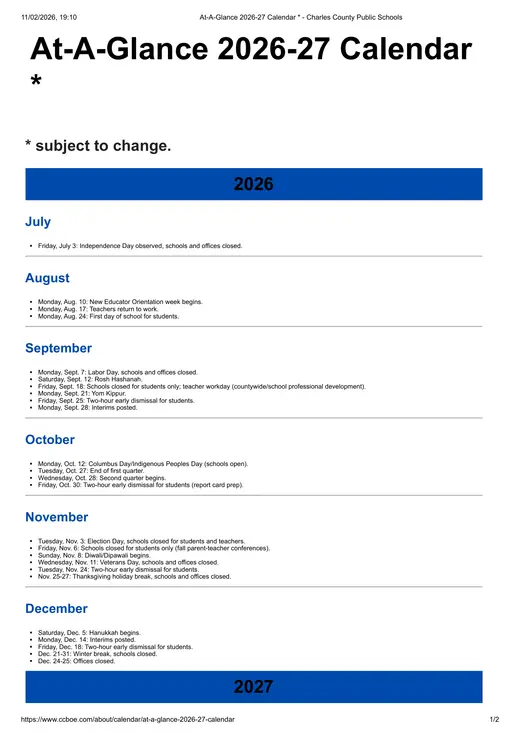 Charles County Public Schools 2026–2027 Academic Calendar Page 1