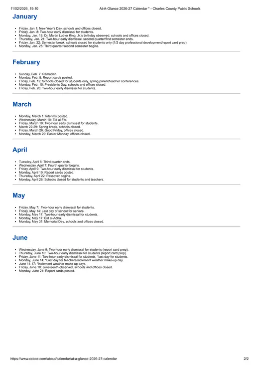 Charles County Public Schools 2026–2027 Academic Calendar Page 2
