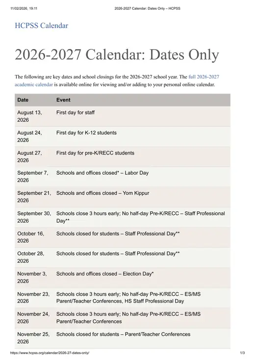 HCPSS Howard County Public School System 2026–2027 Academic Calendar Page 1