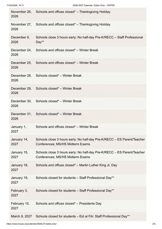 HCPSS Howard County Public School System 2026–2027 Academic Calendar Page 2