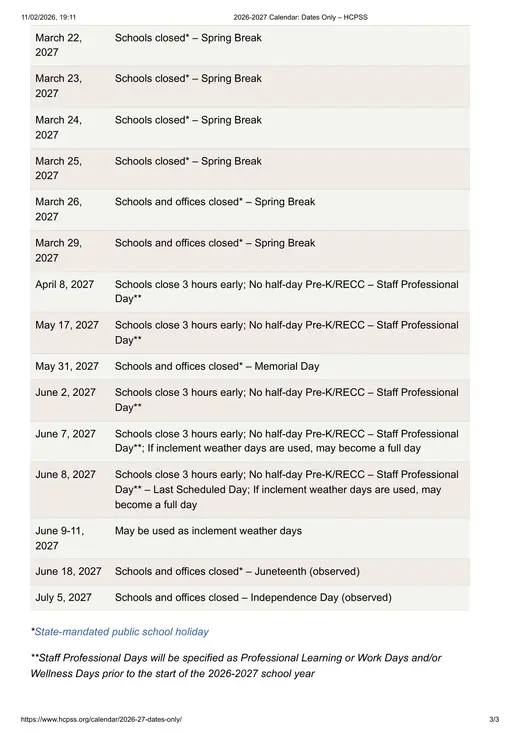 HCPSS Howard County Public School System 2026–2027 Academic Calendar Page 3