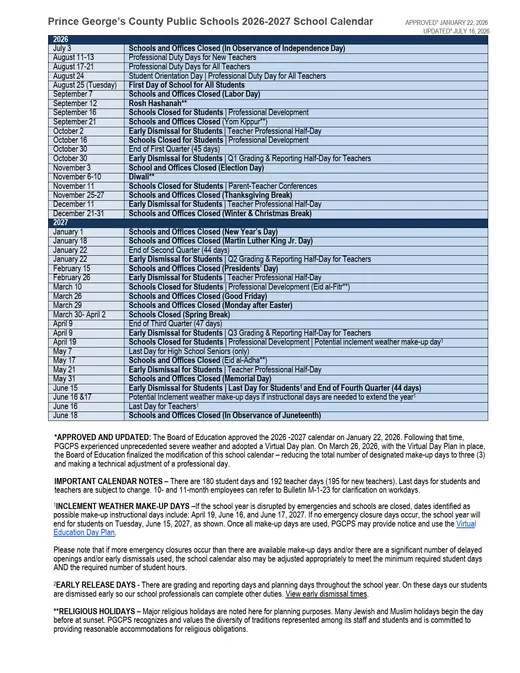 Prince George’s County Public Schools 2026–2027 Academic Calendar Page 1