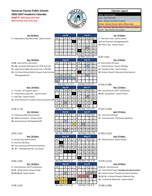 Somerset County Public Schools 2026–2027 Academic Calendar