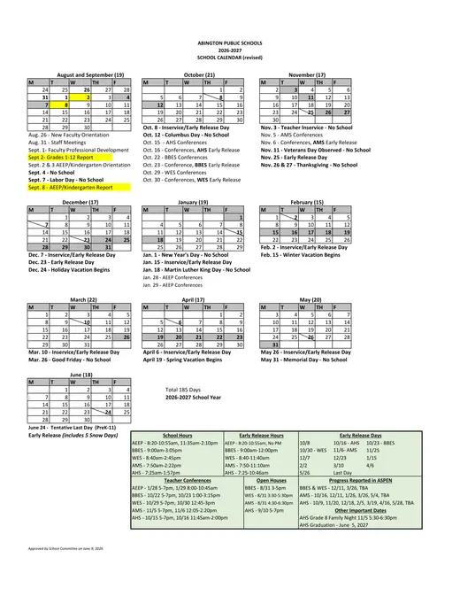 Abington Public Schools 2026–2027 Academic Calendar