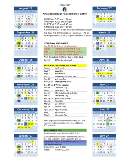 Acton-Boxborough Regional School District 2026–2027 Academic Calendar Page 2