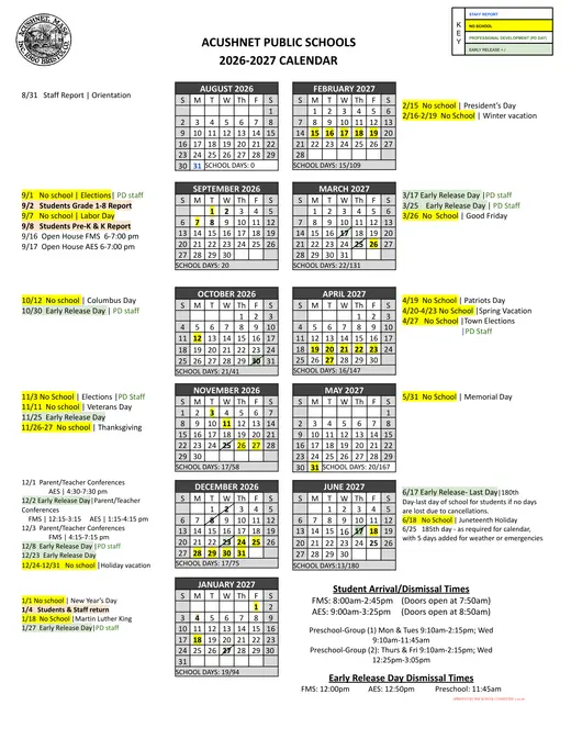 Acushnet Public Schools 2026–2027 Academic Calendar Page 1