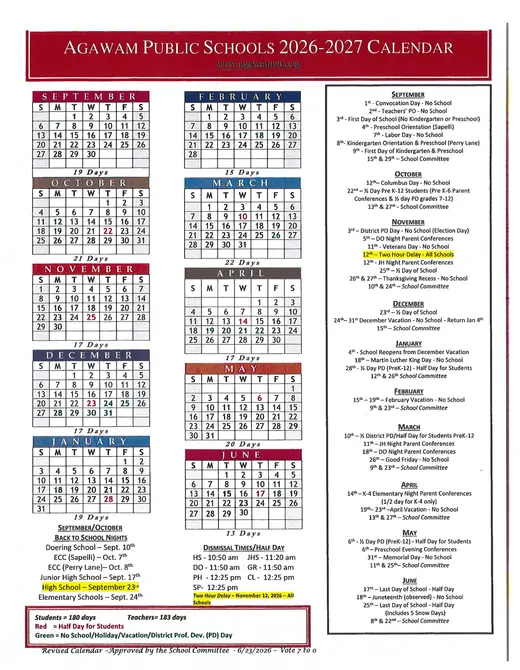 Agawam Public Schools 2026–2027 Academic Calendar Page 2