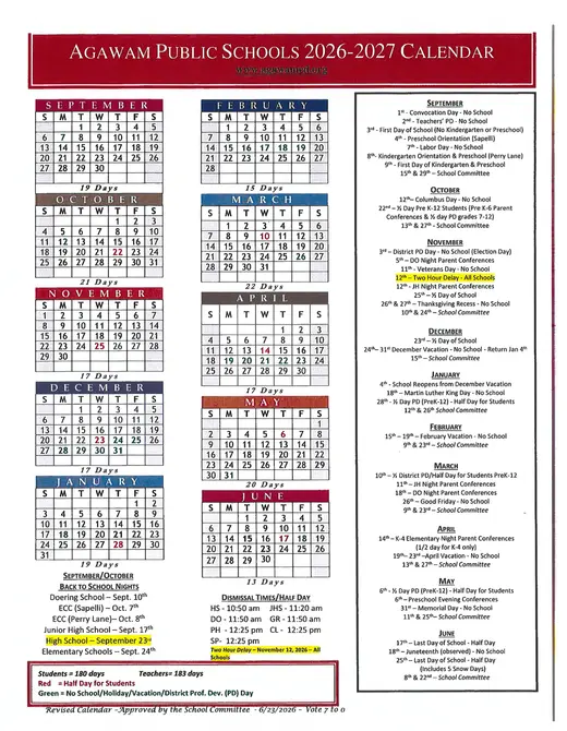 Agawam Public Schools 2026–2027 Academic Calendar Page 1