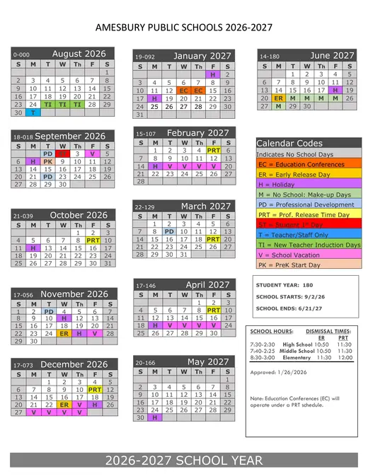 Amesbury Public Schools 2026–2027 Academic Calendar Page 1