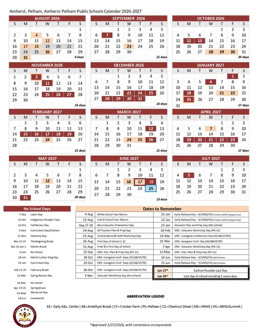 Amherst-Pelham Public Schools 2026–2027 Academic Calendar Page 1