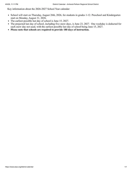 Amherst-Pelham Regional School District 2026–2027 Academic Calendar