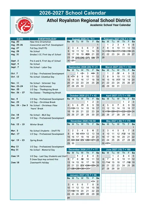Athol Royalston Regional School District 2026–2027 Academic Calendar Page 1
