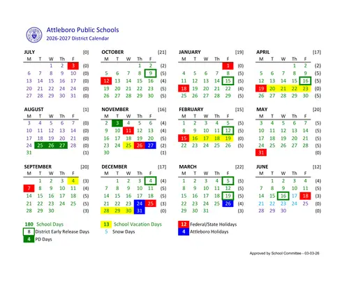 Attleboro Public Schools 2026–2027 Academic Calendar Page 1