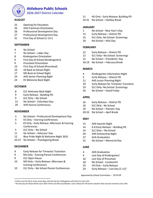 Attleboro Public Schools 2026–2027 Academic Calendar Page 2