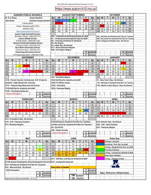 Auburn Public Schools 2026–2027 Academic Calendar