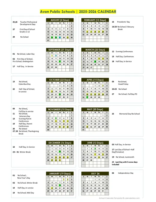 Avon Public Schools 2026–2027 Academic Calendar Page 1