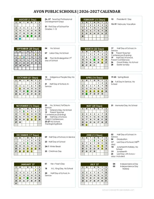 Avon Public Schools 2026–2027 Academic Calendar Page 2