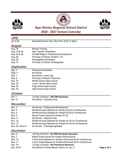 Ayer Shirley Regional School District 2026–2027 Academic Calendar Page 3