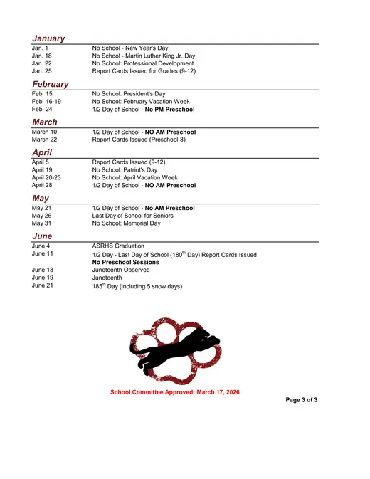 Ayer Shirley Regional School District 2026–2027 Academic Calendar Page 4
